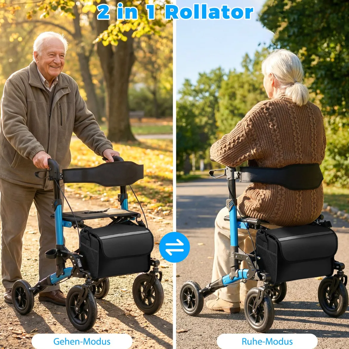 2 in 1 Rollstuhl & Reiserollator mit Sitz bis 136 kg Faltbarer Rollator Aluminium Gehhilfe Blau