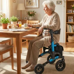 2 in 1 Rollstuhl & Reiserollator mit Sitz bis 136 kg Faltbarer Rollator Aluminium Gehhilfe Blau