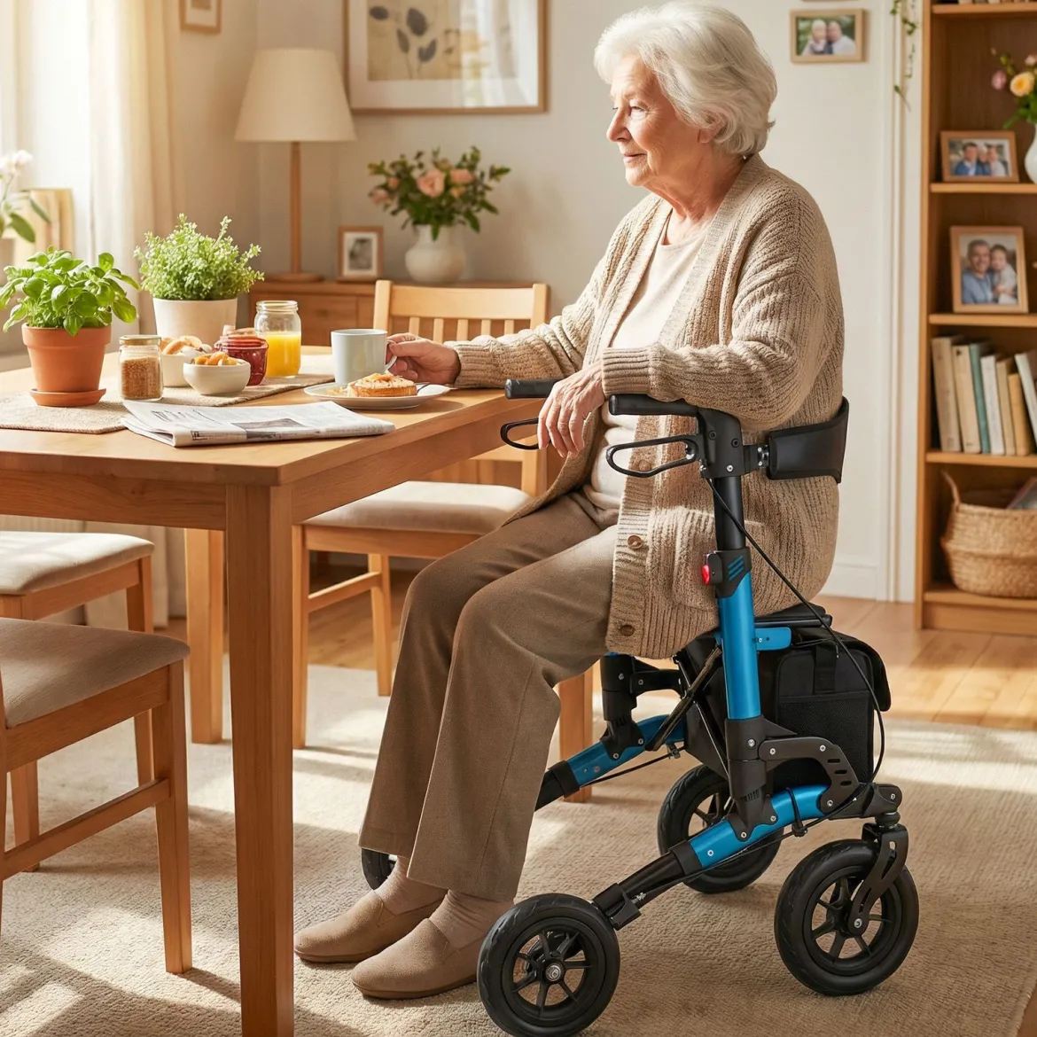 2 in 1 Rollstuhl & Reiserollator mit Sitz bis 136 kg Faltbarer Rollator Aluminium Gehhilfe Blau