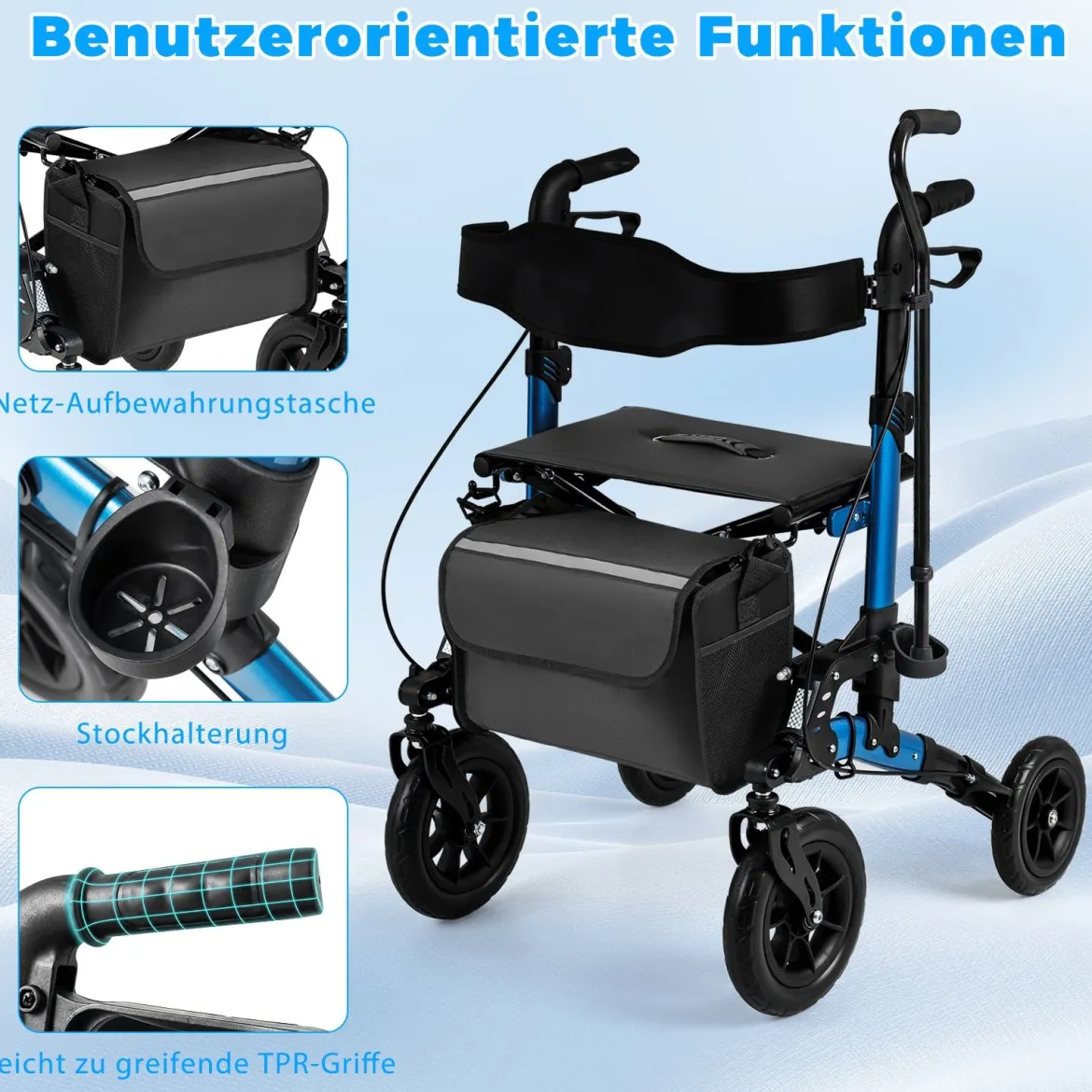2 in 1 Rollstuhl & Reiserollator mit Sitz bis 136 kg Faltbarer Rollator Aluminium Gehhilfe Blau