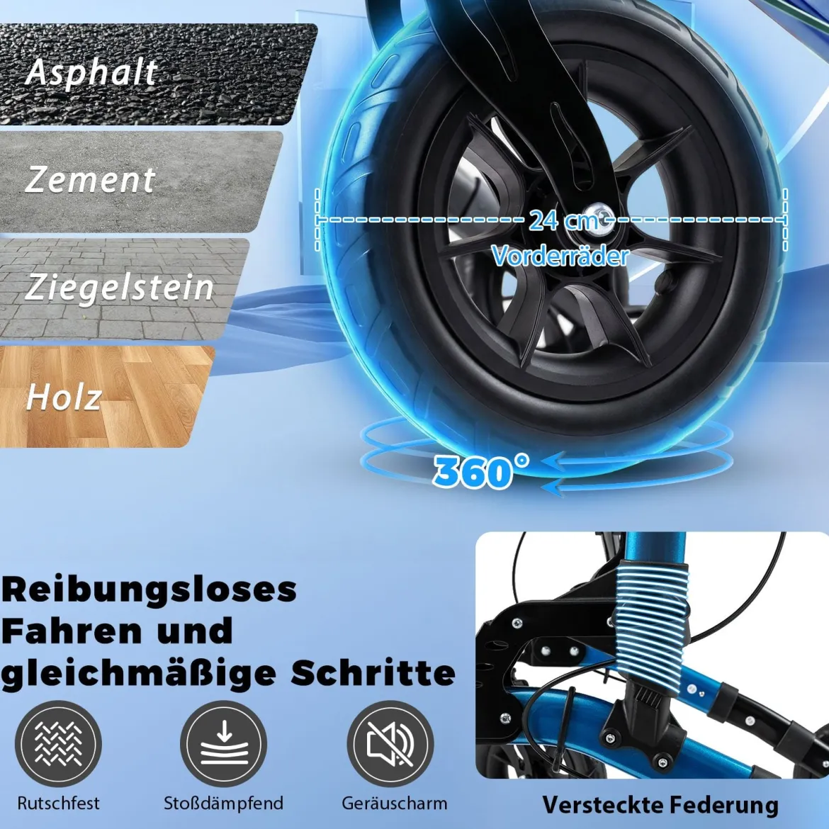 2 in 1 Rollstuhl & Reiserollator mit Sitz bis 136 kg Faltbarer Rollator Aluminium Gehhilfe Blau