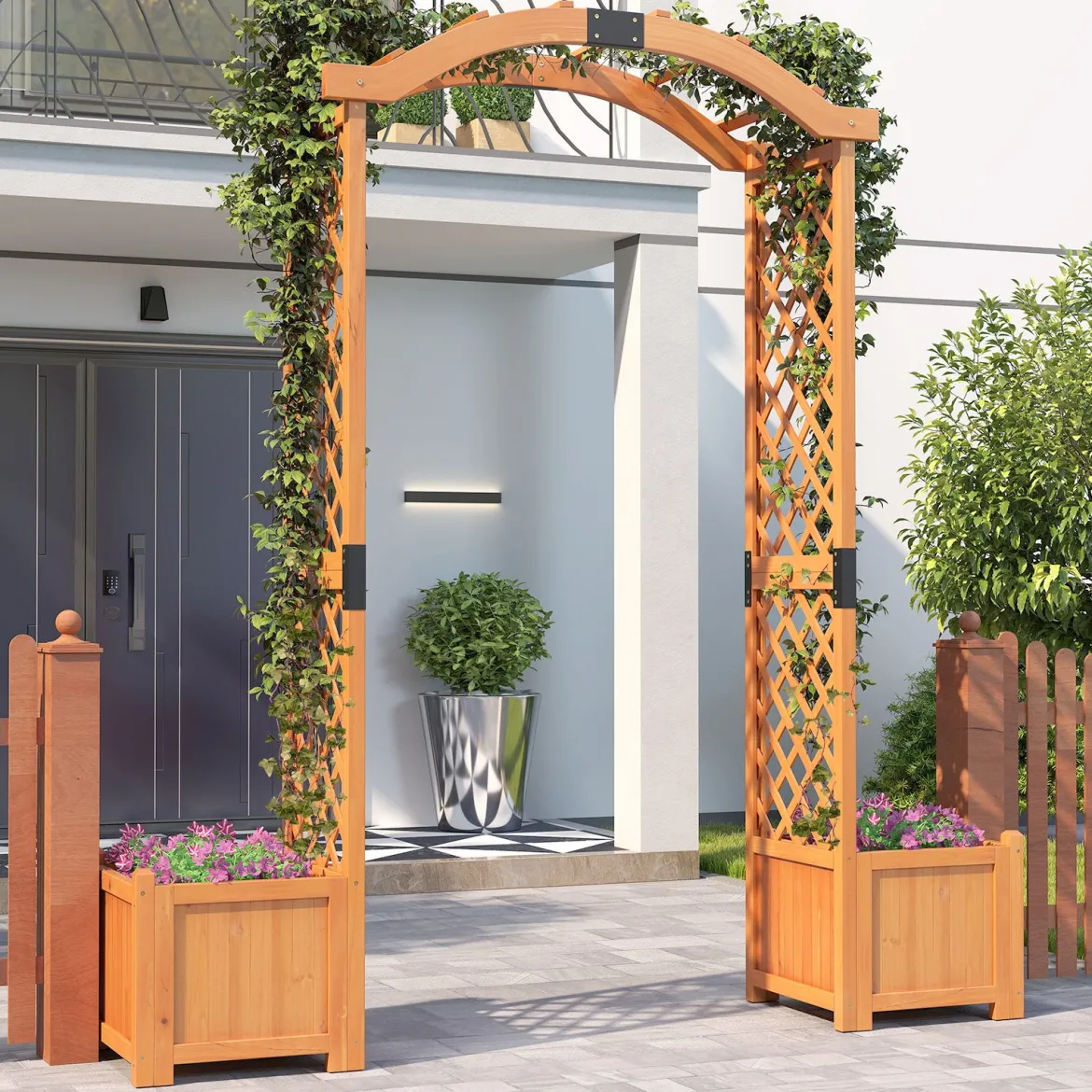 2 in 1 Rosenbogen mit Blumenkasten Gartenbogen Holz Torbogen für Kletterpflanzen 185 x 45 x 201 cm