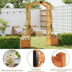 2 in 1 Rosenbogen mit Blumenkasten Gartenbogen Holz Torbogen für Kletterpflanzen 185 x 45 x 201 cm