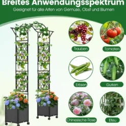 2 in 1 Rosenbogen mit Blumenkasten Gartenbogen aus Metall & PP Spalier Rankbogen Grau