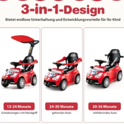 3-in-1 Rutschauto mit Schiebestange Rutschfahrzeug Schiebauto mit Stauraum Rutscher Auto Rot