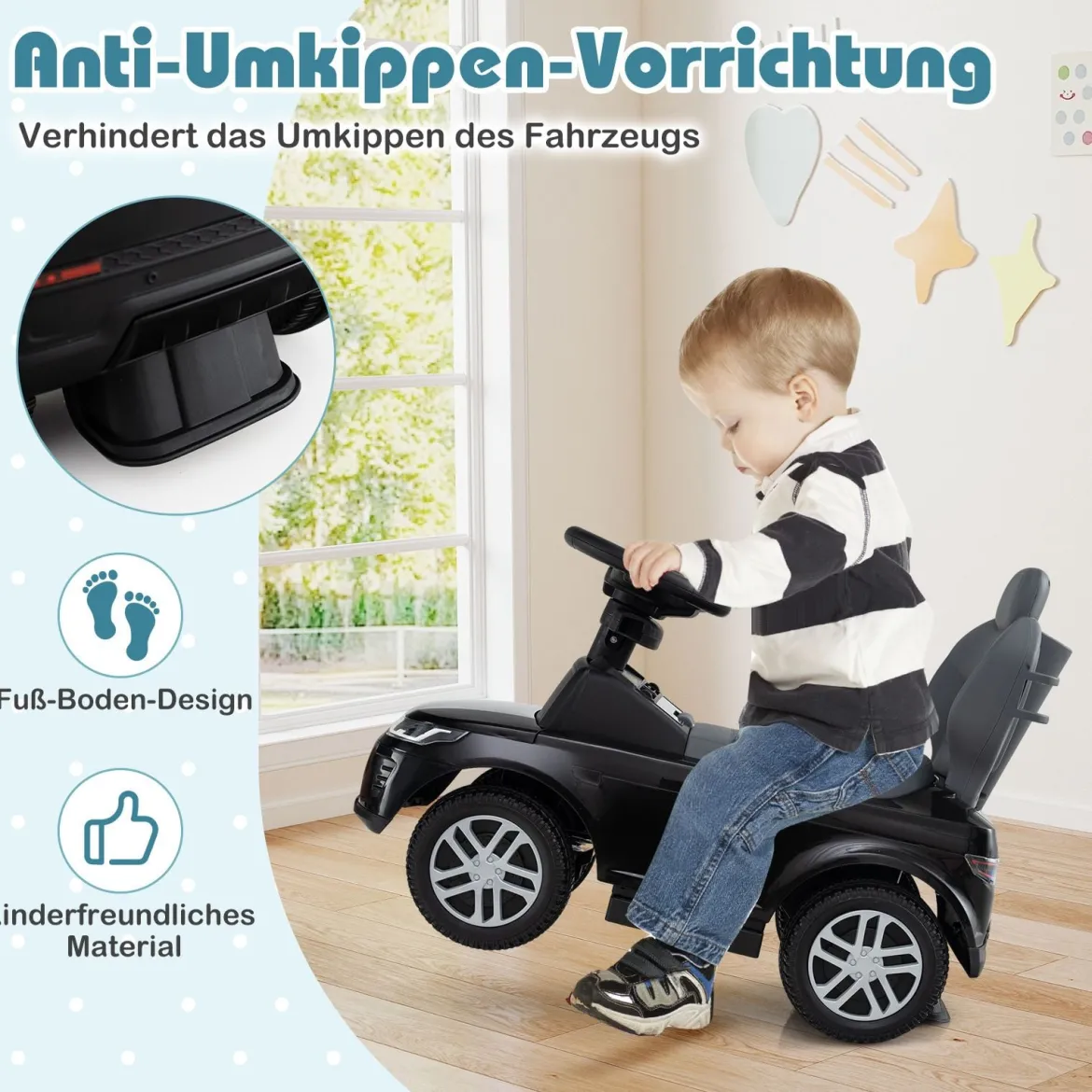 3-in-1 Rutschauto mit Schiebestange Rutschfahrzeug mit Abnehmbarem Griff Rutscher Auto Schwarz