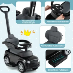 3-in-1 Rutschauto mit Schiebestange Rutschfahrzeug mit Abnehmbarem Griff Rutscher Auto Schwarz