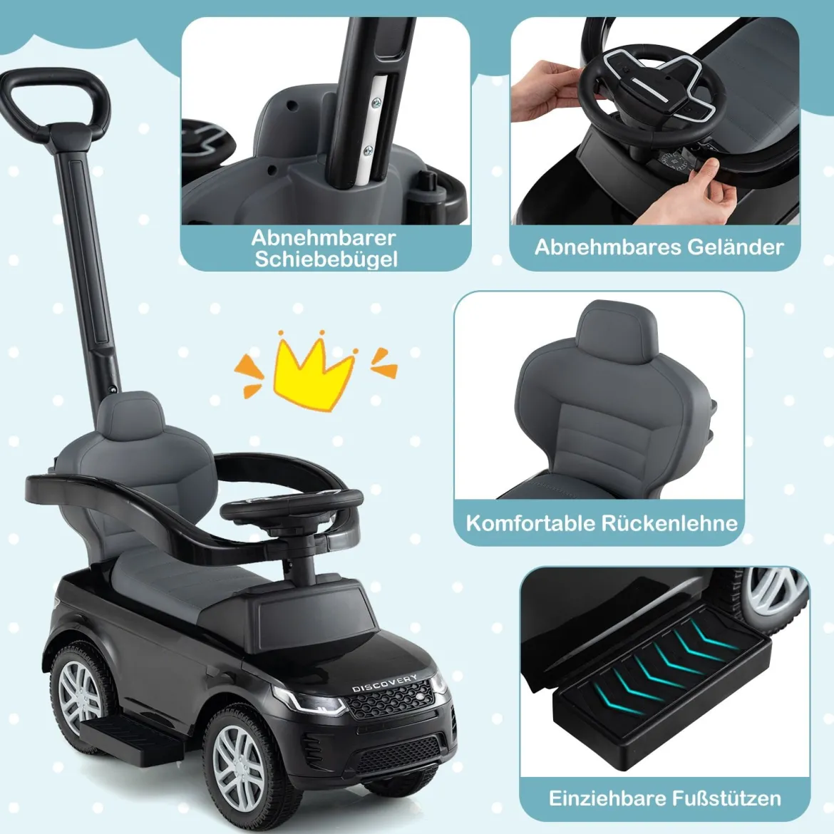 3-in-1 Rutschauto mit Schiebestange Rutschfahrzeug mit Abnehmbarem Griff Rutscher Auto Schwarz