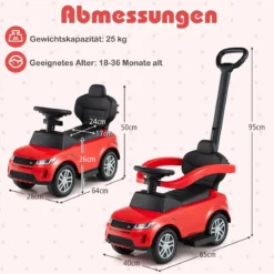 3-in-1 Rutschauto mit Schiebestange Rutschfahrzeug mit Abnehmbarem Griff Rutscher Auto Rot