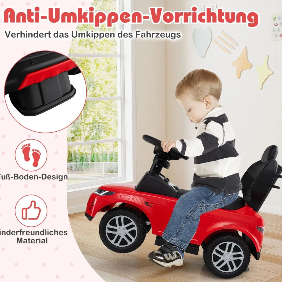 3-in-1 Rutschauto mit Schiebestange Rutschfahrzeug mit Abnehmbarem Griff Rutscher Auto Rot