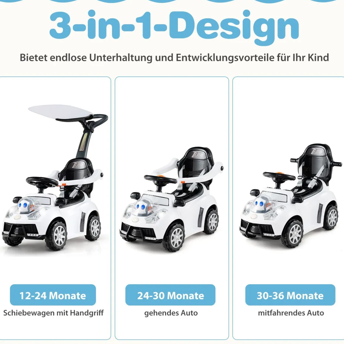 3-in-1 Rutschauto mit Schiebestange Rutschfahrzeug Schiebauto mit Stauraum Rutscher Auto Weiß