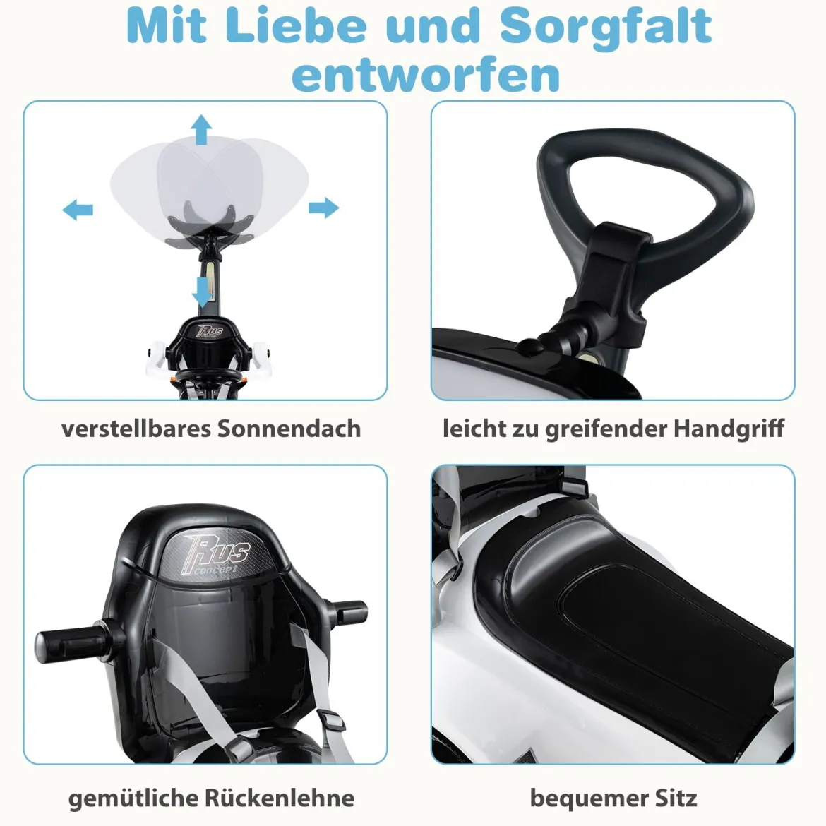 3-in-1 Rutschauto mit Schiebestange Rutschfahrzeug Schiebauto mit Stauraum Rutscher Auto Weiß