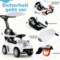 3-in-1 Rutschauto mit Schiebestange Rutschfahrzeug Schiebauto mit Stauraum Rutscher Auto Weiß