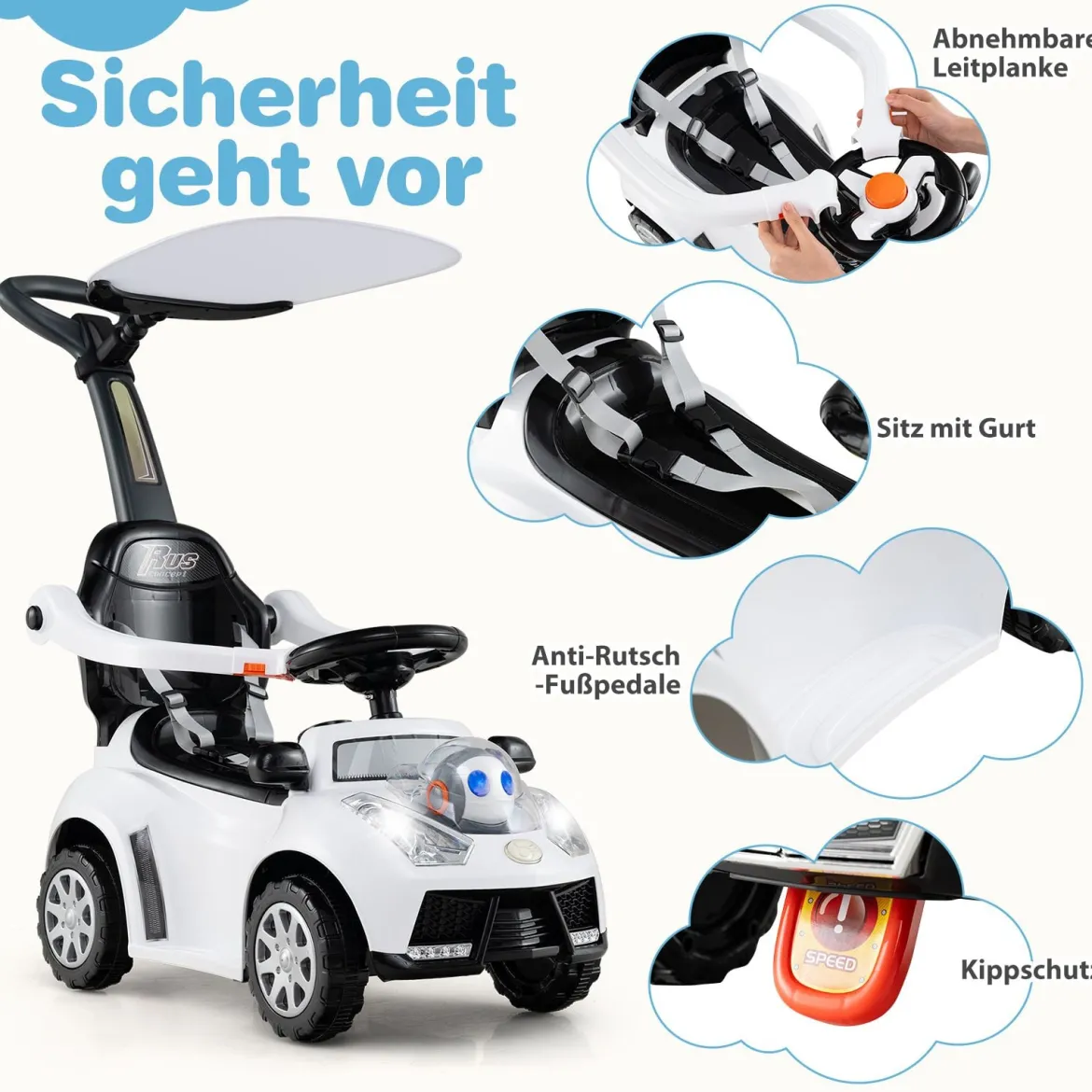 3-in-1 Rutschauto mit Schiebestange Rutschfahrzeug Schiebauto mit Stauraum Rutscher Auto Weiß