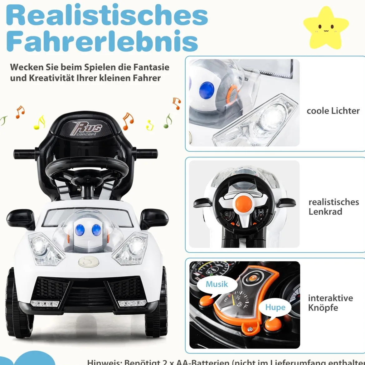 3-in-1 Rutschauto mit Schiebestange Rutschfahrzeug Schiebauto mit Stauraum Rutscher Auto Weiß