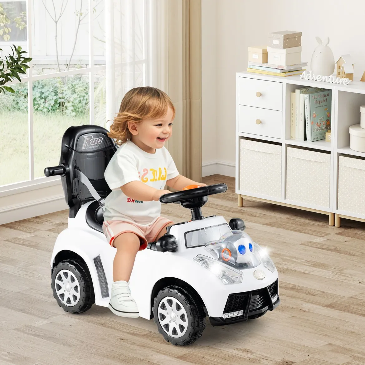 3-in-1 Rutschauto mit Schiebestange Rutschfahrzeug Schiebauto mit Stauraum Rutscher Auto Weiß