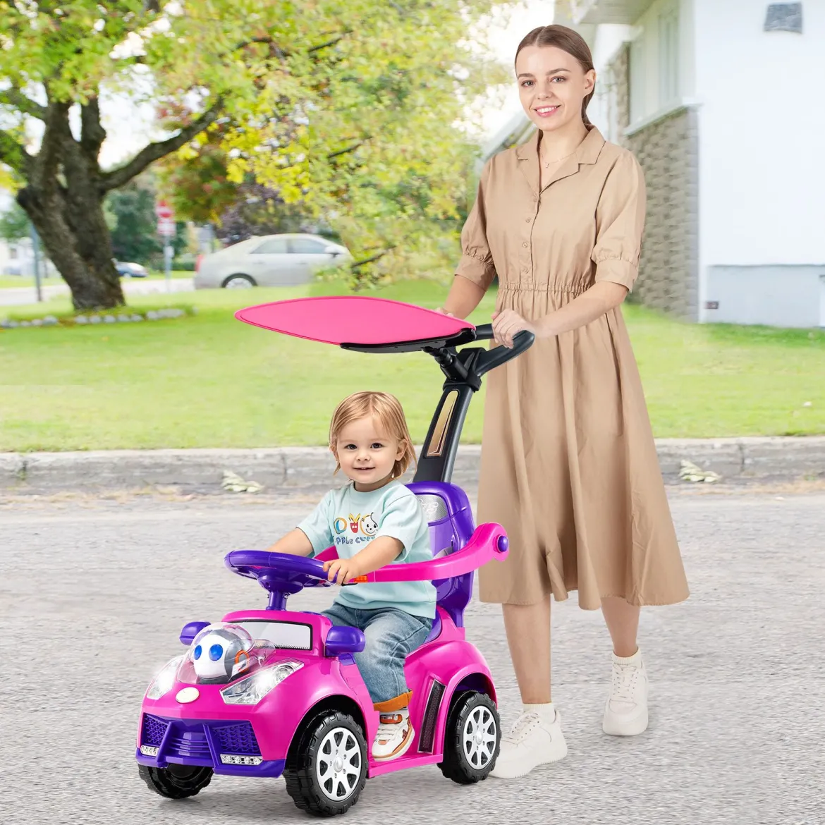 3-in-1 Rutschauto mit Schiebestange Rutschfahrzeug Schiebauto mit Stauraum Rutscher Auto Rosa