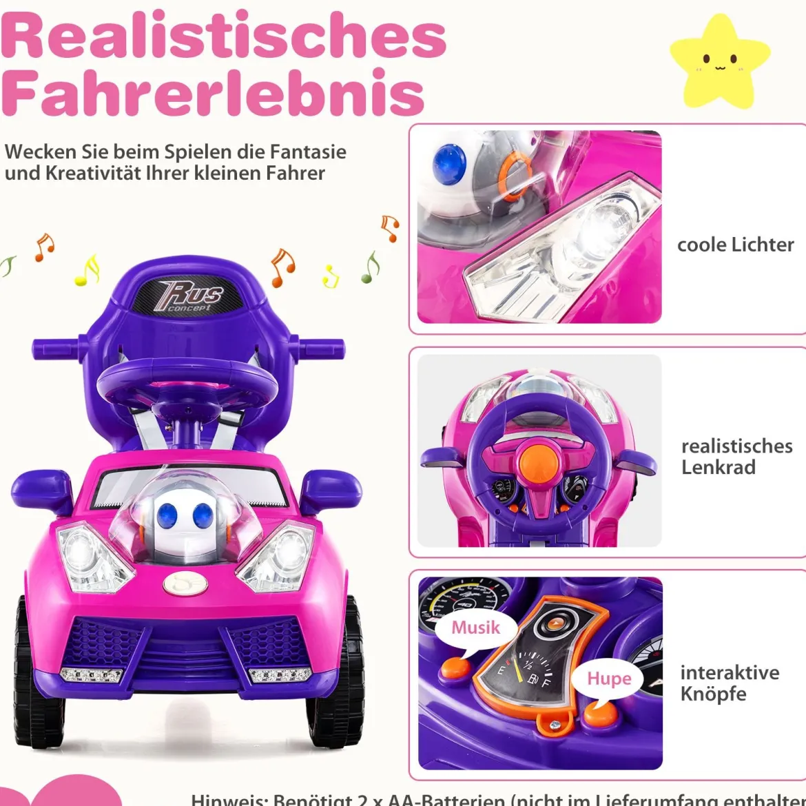 3-in-1 Rutschauto mit Schiebestange Rutschfahrzeug Schiebauto mit Stauraum Rutscher Auto Rosa