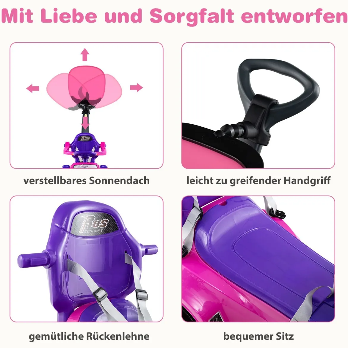 3-in-1 Rutschauto mit Schiebestange Rutschfahrzeug Schiebauto mit Stauraum Rutscher Auto Rosa