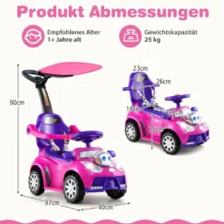 3-in-1 Rutschauto mit Schiebestange Rutschfahrzeug Schiebauto mit Stauraum Rutscher Auto Rosa