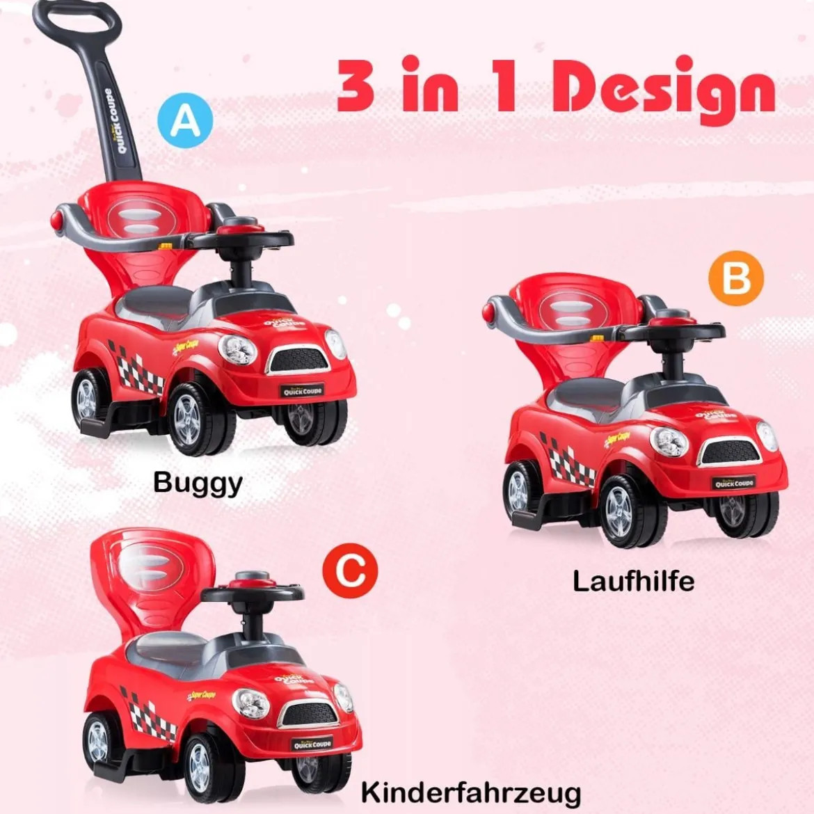 3 in 1 Rutschauto Schiebeauto mit Abnehmbarem Schiebgriff & Schutzbügel Rot