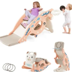 4-in-1-Rutschspielzeug für Kinder mit Basketballkorb & Ringspiel Rosa