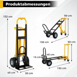 3 in 1 Sackkarre & Transportwagen Klappbarer Handwagen mit Luftbereifung & Gummirädern Gelb