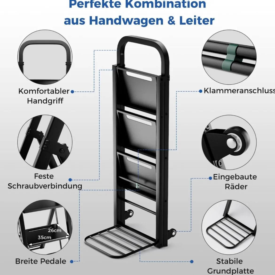2 in 1 Sackkarre & Trittleiter Klappbare 2 Räder Handwagen Metall Transportkarre Schwarz