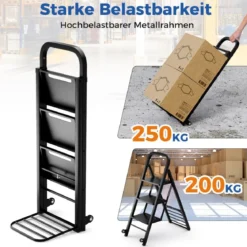 2 in 1 Sackkarre & Trittleiter Klappbare 2 Räder Handwagen Metall Transportkarre Schwarz