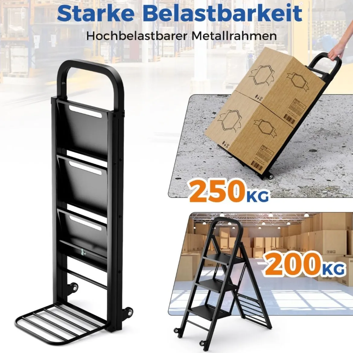2 in 1 Sackkarre & Trittleiter Klappbare 2 Räder Handwagen Metall Transportkarre Schwarz