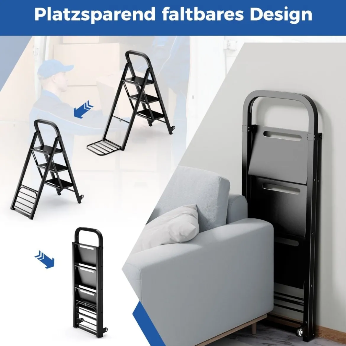 2 in 1 Sackkarre & Trittleiter Klappbare 2 Räder Handwagen Metall Transportkarre Schwarz