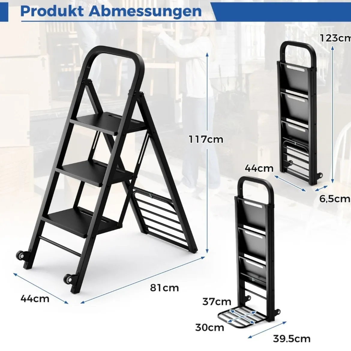 2 in 1 Sackkarre & Trittleiter Klappbare 2 Räder Handwagen Metall Transportkarre Schwarz