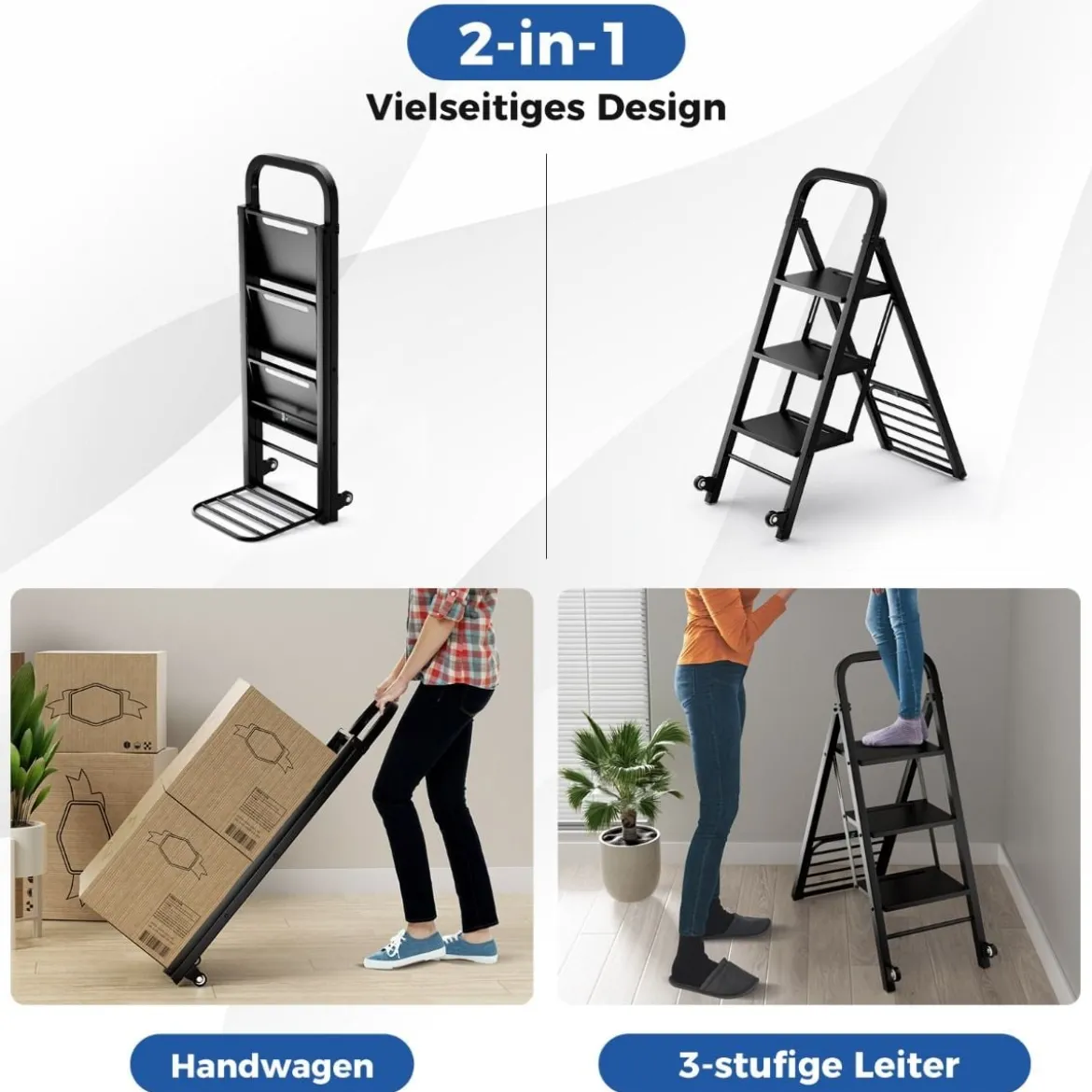 2 in 1 Sackkarre & Trittleiter Klappbare 2 Räder Handwagen Metall Transportkarre Schwarz