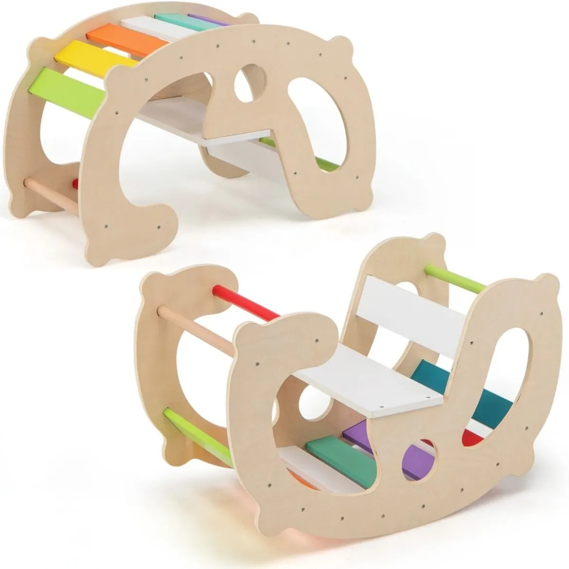 2 in 1 Schaukelpferdbogen für Kinder mit Wippe & Kletterbogen & Bequemer Rückenlehne & Sitz