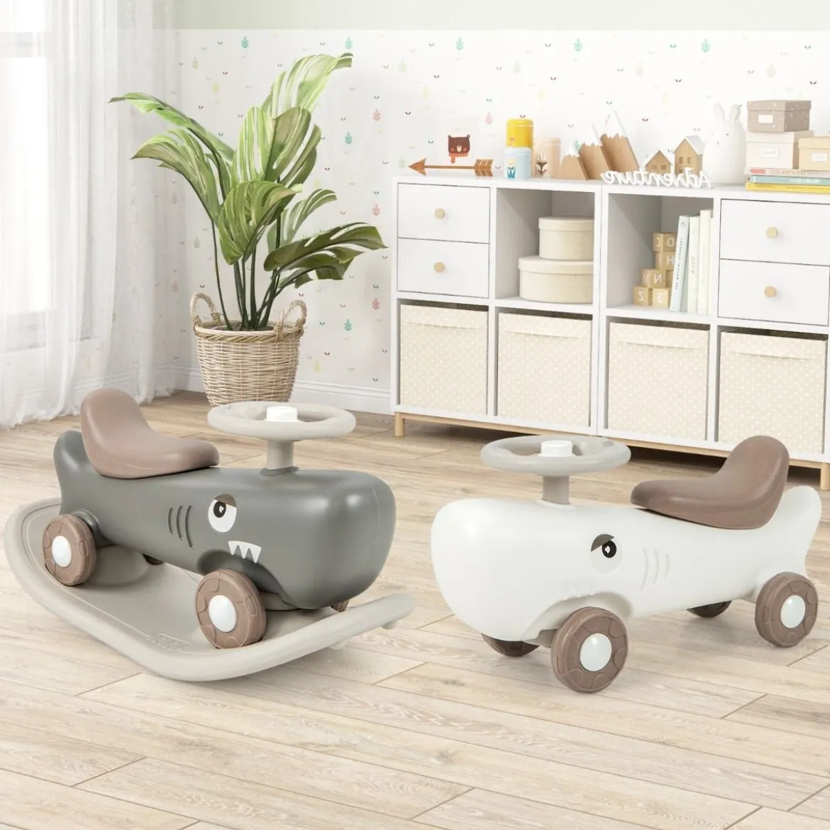 3 in 1 Schaukelpferd in Haiform mit Abnehmbarem Balance-Board & Rutschauto Weiß