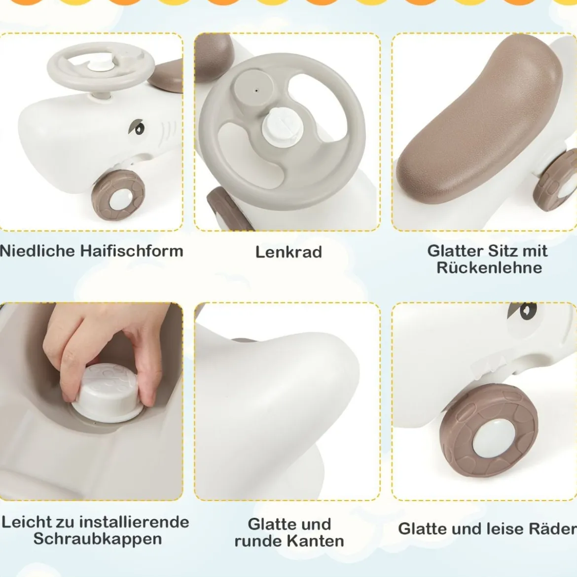 3 in 1 Schaukelpferd in Haiform mit Abnehmbarem Balance-Board & Rutschauto Weiß