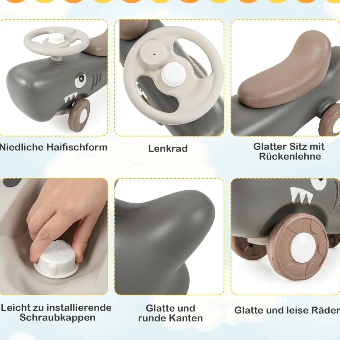 3 in 1 Schaukelpferd in Haiform mit Abnehmbarem Balance-Board & Rutschauto Dunkelgrau
