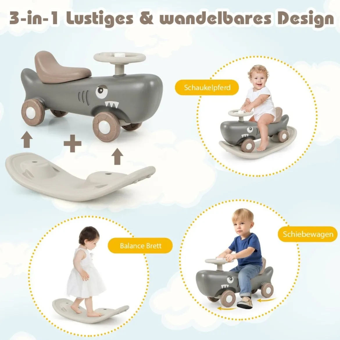 3 in 1 Schaukelpferd in Haiform mit Abnehmbarem Balance-Board & Rutschauto Dunkelgrau