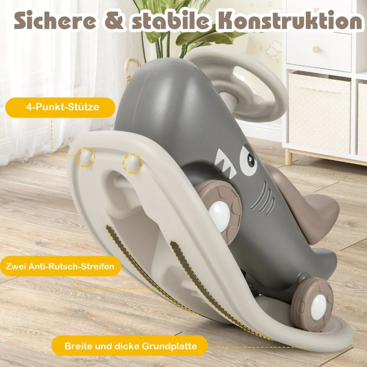 3 in 1 Schaukelpferd in Haiform mit Abnehmbarem Balance-Board & Rutschauto Dunkelgrau