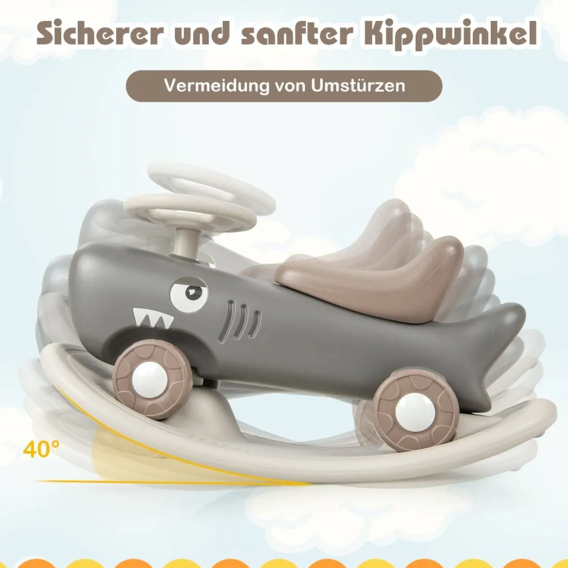 3 in 1 Schaukelpferd in Haiform mit Abnehmbarem Balance-Board & Rutschauto Dunkelgrau