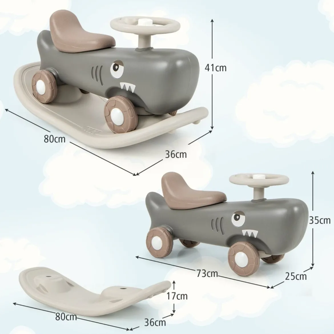 3 in 1 Schaukelpferd in Haiform mit Abnehmbarem Balance-Board & Rutschauto Dunkelgrau