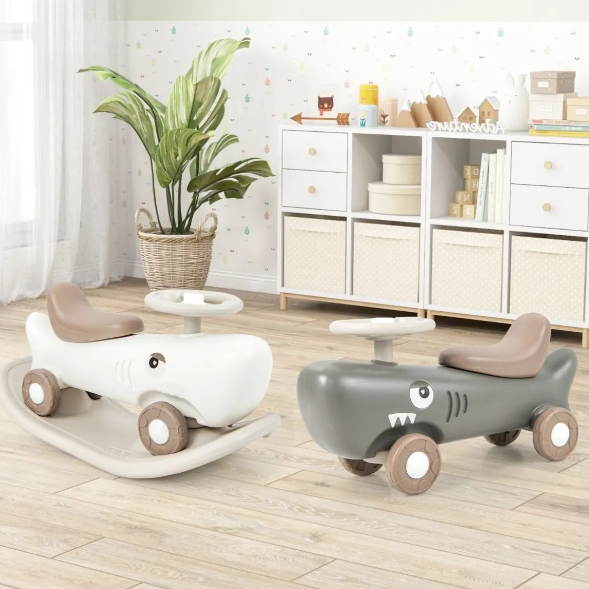 3 in 1 Schaukelpferd in Haiform mit Abnehmbarem Balance-Board & Rutschauto Dunkelgrau