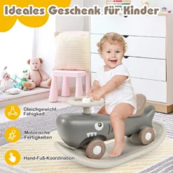 3 in 1 Schaukelpferd in Haiform mit Abnehmbarem Balance-Board & Rutschauto Dunkelgrau