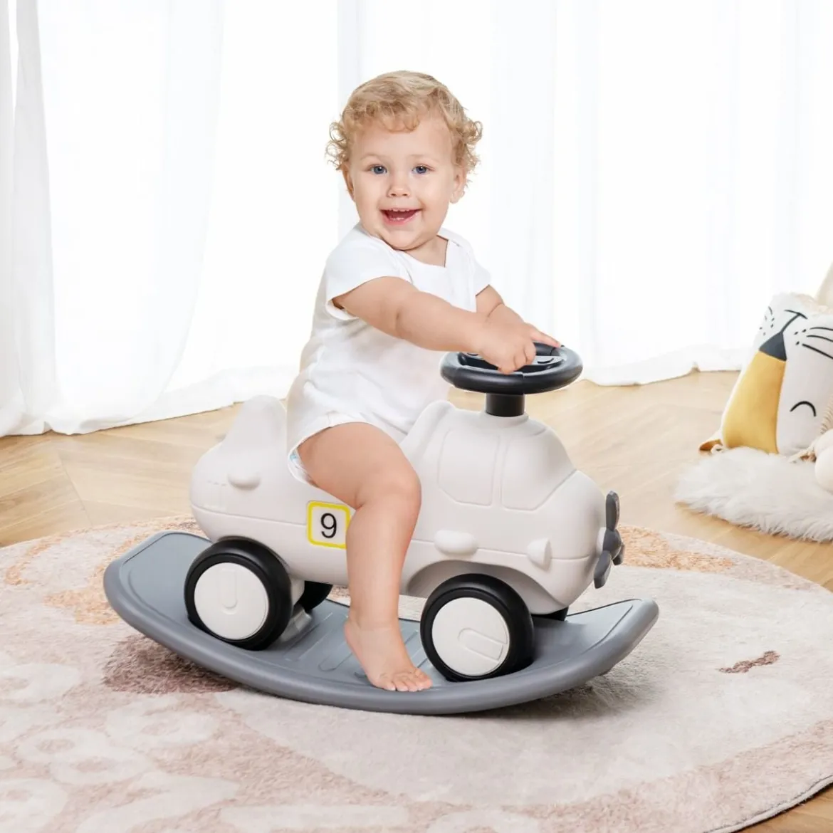 3 in 1 Schaukelpferd Schaukeltier & Rutschauto mit Abnehmbarem Balance Board Weiß Flugzeug