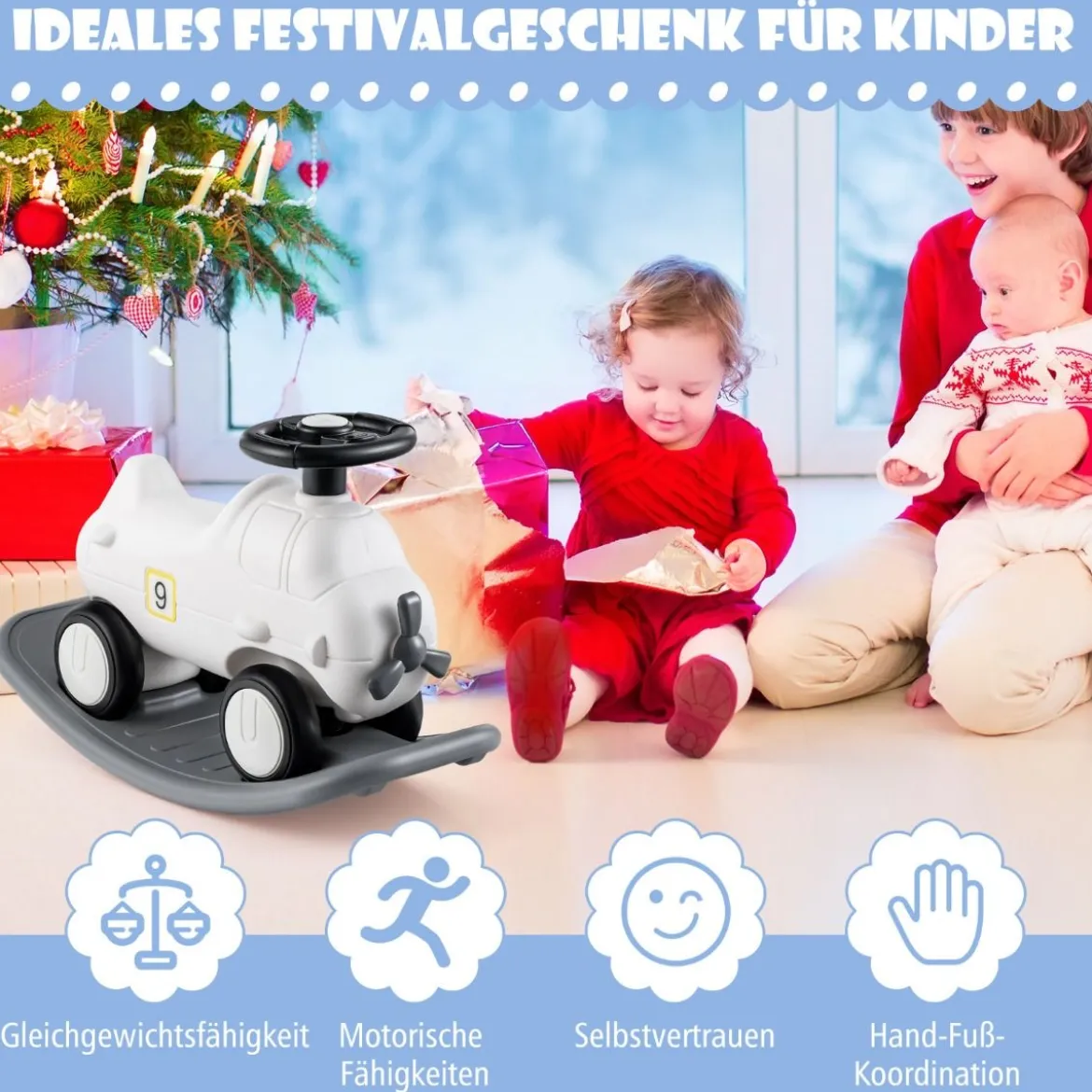 3 in 1 Schaukelpferd Schaukeltier & Rutschauto mit Abnehmbarem Balance Board Weiß Flugzeug