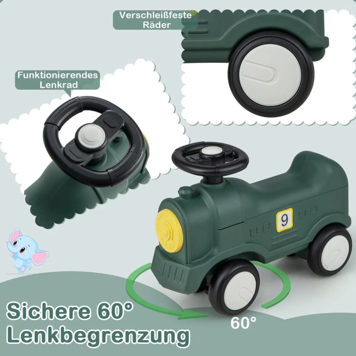 3 in 1 Schaukelpferd Schaukeltier & Rutschauto mit Abnehmbarem Balance Board Grün Zug