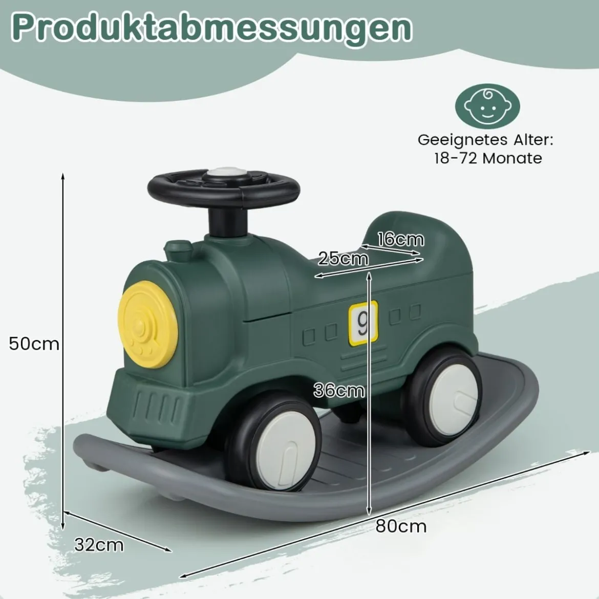 3 in 1 Schaukelpferd Schaukeltier & Rutschauto mit Abnehmbarem Balance Board Grün Zug