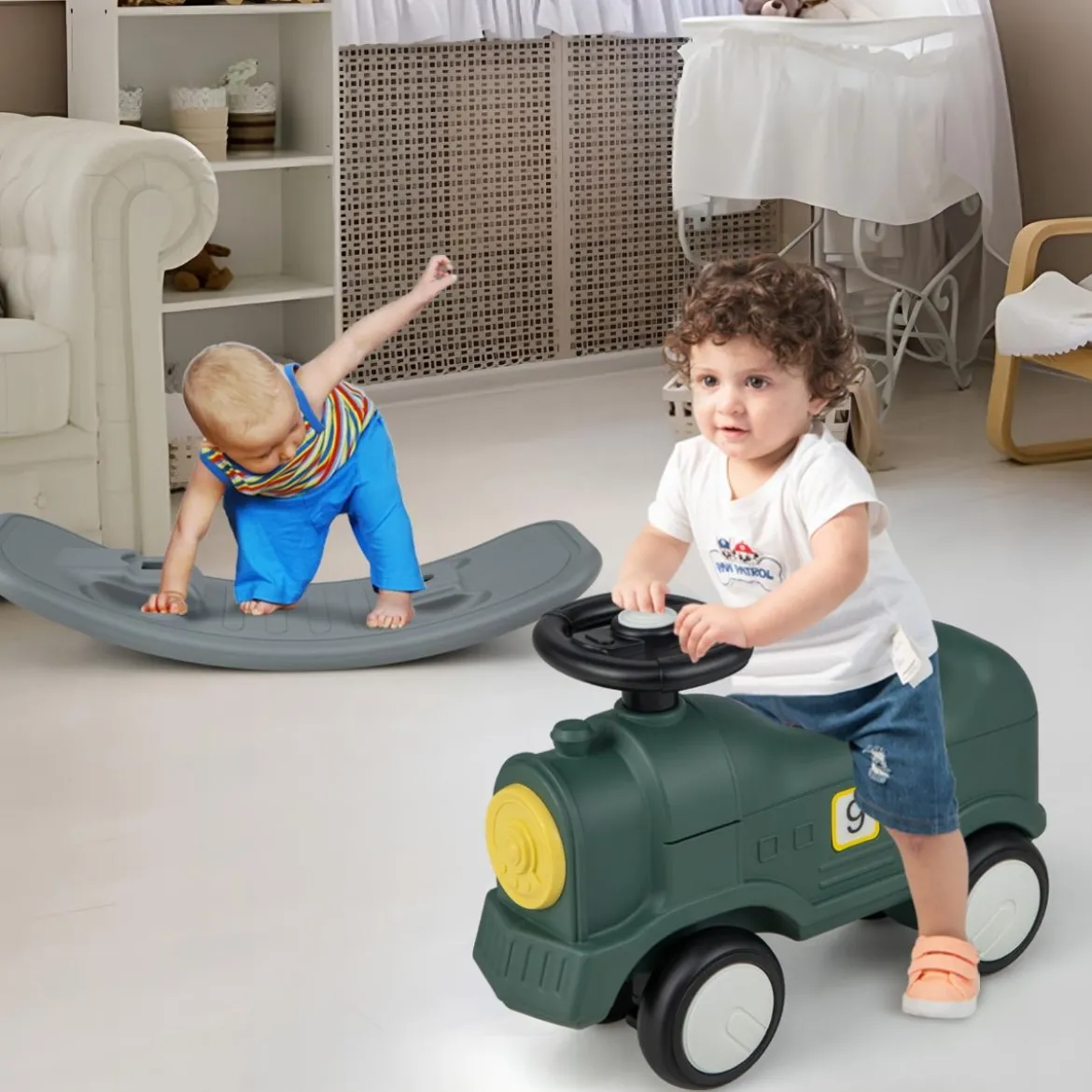 3 in 1 Schaukelpferd Schaukeltier & Rutschauto mit Abnehmbarem Balance Board Grün Zug