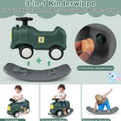 3 in 1 Schaukelpferd Schaukeltier & Rutschauto mit Abnehmbarem Balance Board Grün Zug