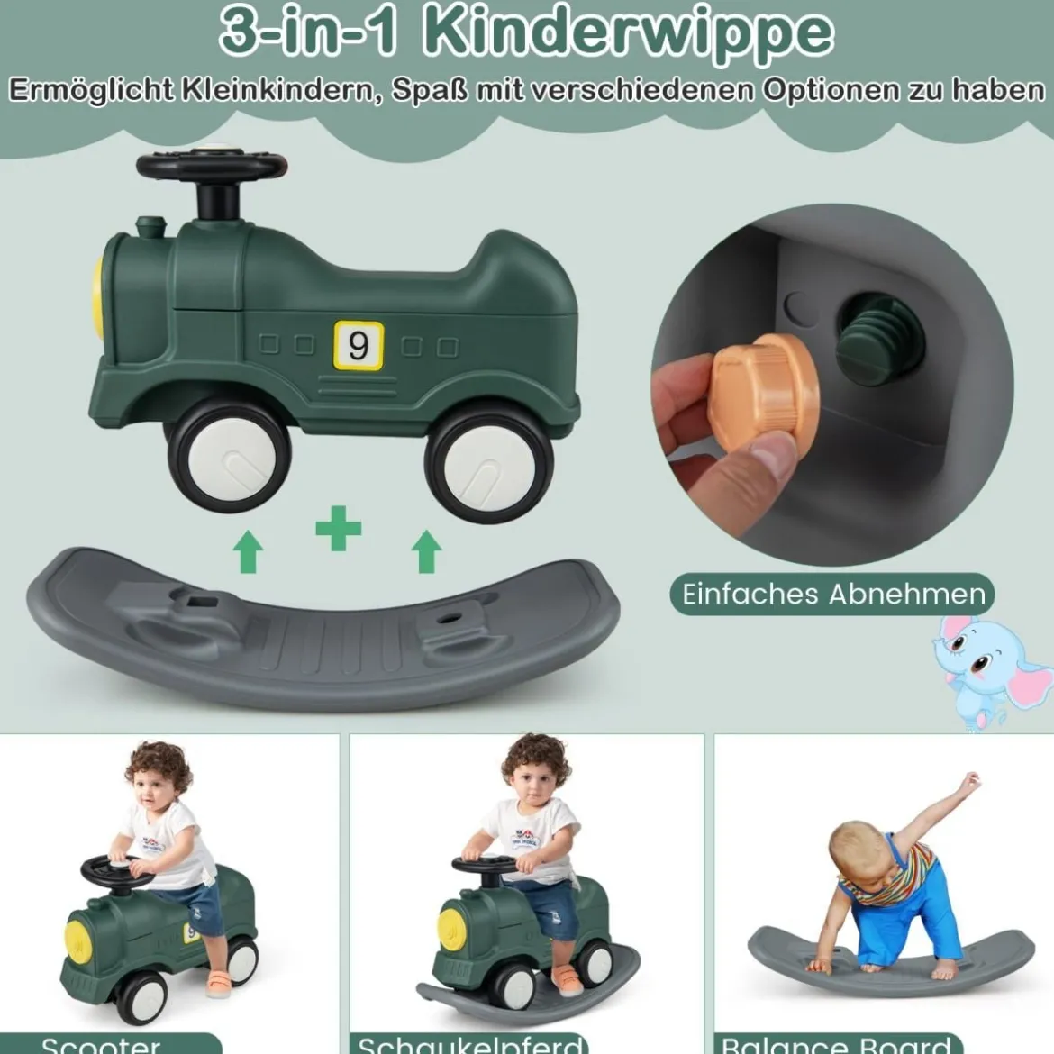 3 in 1 Schaukelpferd Schaukeltier & Rutschauto mit Abnehmbarem Balance Board Grün Zug